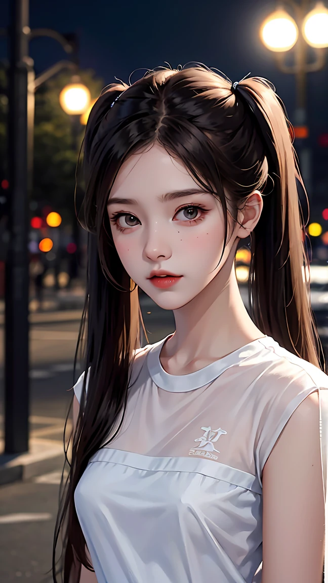 masterpiece, highest quality, One girl, alone, blush, Twin tails, Long Hair, ((See-through streetwear)), Outdoor, night, Movie Posters, Extremely detailed 8K, Smooth, High resolution, super high quality, Cinema Lighting, 16k, Detailed face, Perfect composition, , Atmospheric lighting, Very sexy,(Large Breasts),Small waist