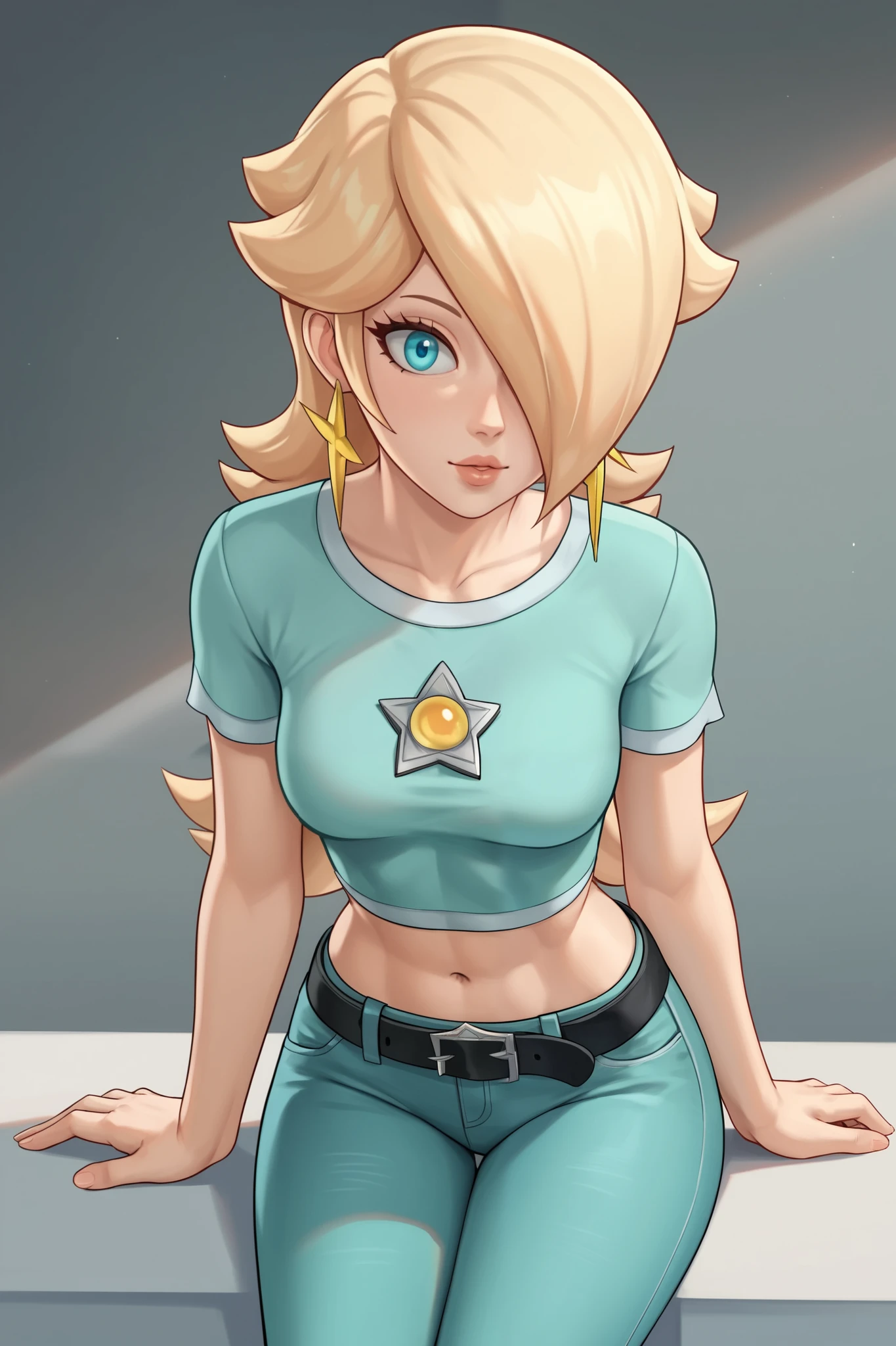 score_9, score_8_up, score_7_up, source_anime, rosalina, blonde hair, blue eyes, hair over one eye, long hair, star earrings, solo, cowboy shot, black t-shirt, taut clothes, tight shirt, midriff, navel, jeans, black belt, sitting, leaning forward, side view