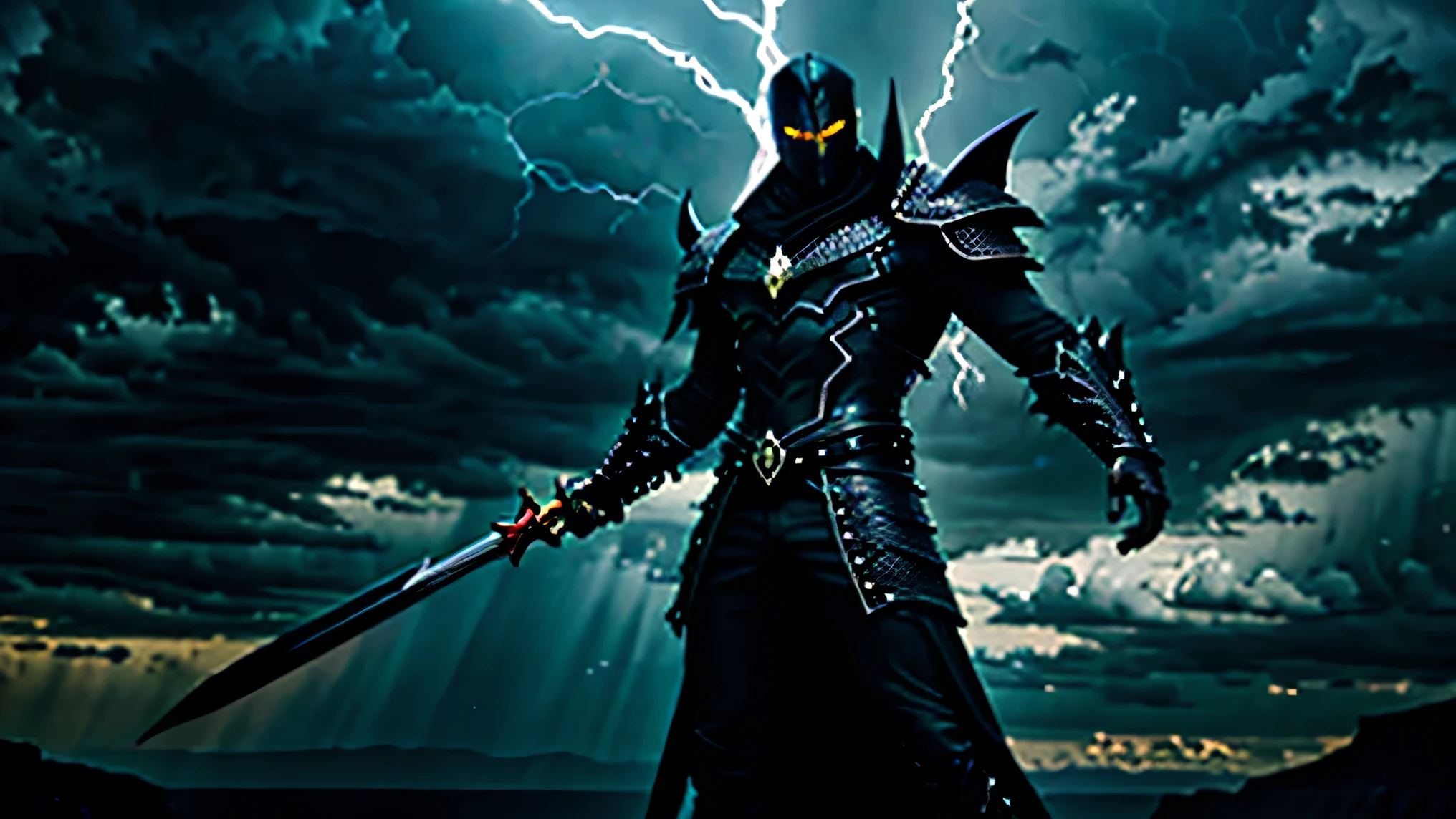 "Create a full-body illustration of Lorde Cravenox, the supreme villain. He stands over 3 meters tall, wearing an imposing black diamond armor that reflects purple light. His face is partially visible, with deep scars and glowing red eyes, exuding a menacing aura. He holds a massive spear made of diamond with a graphite-encrusted handle. His armor is intricately designed with jagged edges, giving a gothic and regal appearance. The background is dark and stormy, with lightning highlighting his towering presence. His posture is authoritative, radiating cruelty and control."

