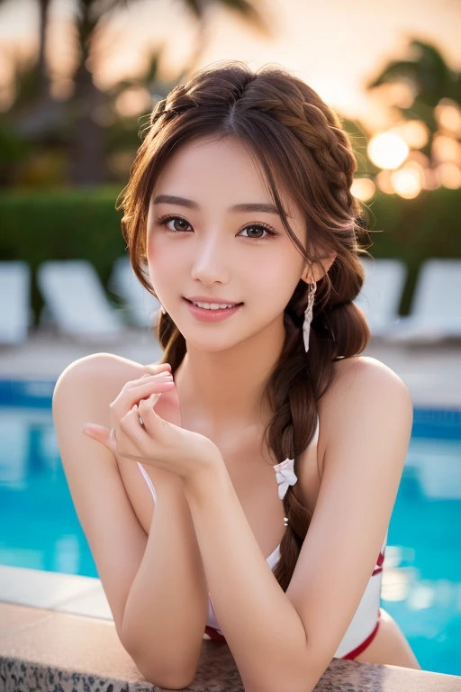 Clear Beauty、Light brown hair、Hairstyle braid、Necklace around the neck、Closed Mouth Smile、Woman in swimsuit、Intricate details, Very detailed:1.2), 、 Looking into the camera,background is indoor pool、ear piercing
