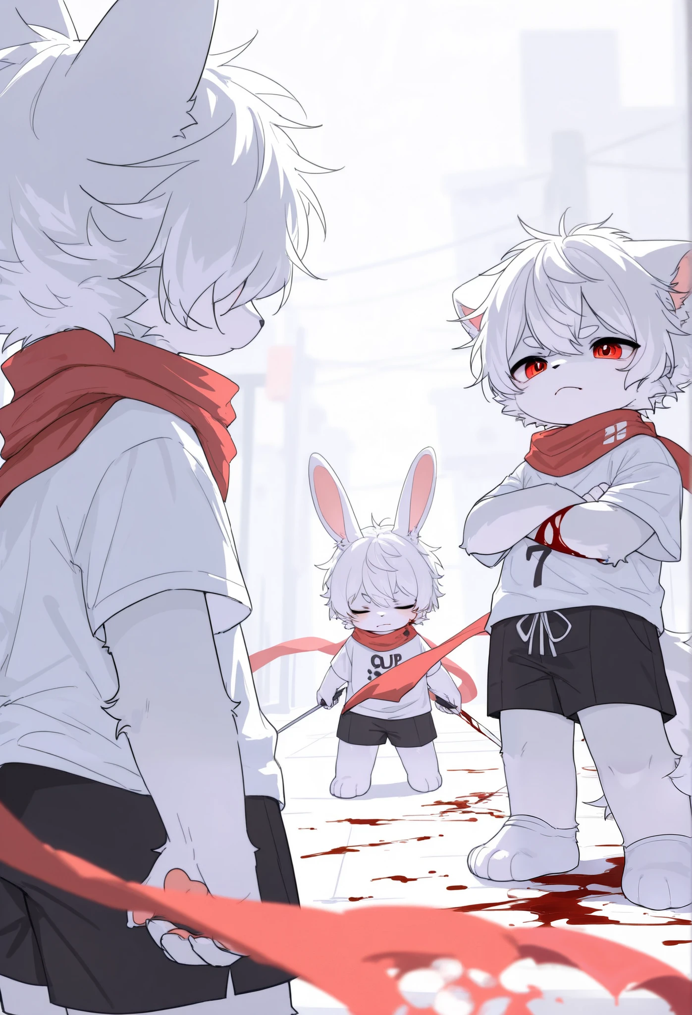 Bunny Boy，furry boy， toddlers， white hair，Red scarf， shorts，Short sleeve，Blood