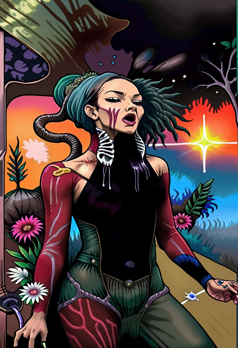 ((Morrigan Aensland feita em vitral)), (cabelo em vidro verde), cabelo verde, olhos em vidro verde, detalhes em plumas brancas em vidro branco, (purple tights in purple glass), (asas de morcego nas costas da Morrigan Aensland feitas de vidro preto e as membranas das asas de morcego feitas com vidro roxo), (Bat wings on Morrigan Aensland&#39;s head), meiô therefore, botas de cano curto pretas feitas com vidro preto, vitral dentro de interior de castelo.