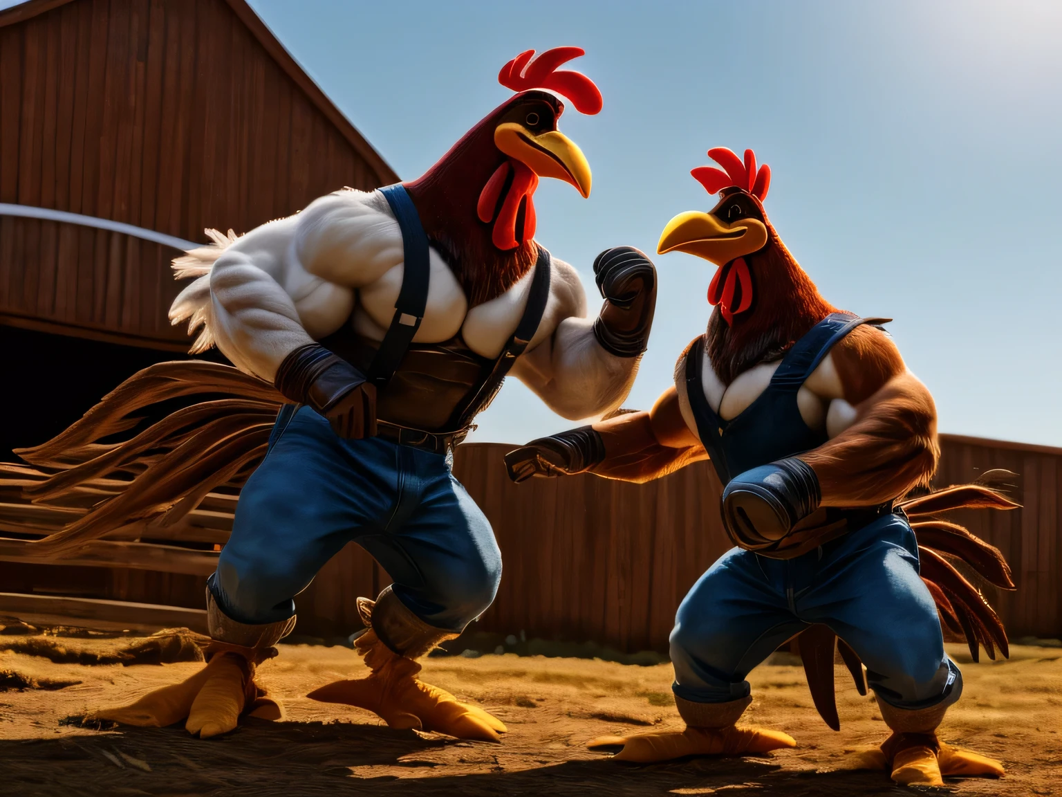 a muscular but obese white feathered anthro rooster in muddied denim farmer's jeans , a red feathered anthro rooster in muddied denim farmer's jeans, undone suspenders hanging from the pants, rivals, both wearing boxing gloves, barnyard setting, dirty open yard in front of the barn, outdoors, high noon, showdown, foghorn leghorn, rhode island red, facing off against each other, fierce glares(best quality,4k,8k,highres,masterpiece:1.2),ultra-detailed,(cartoonish),hyper detailed,cinematic lighting,dramatic shadows,vibrant colors,