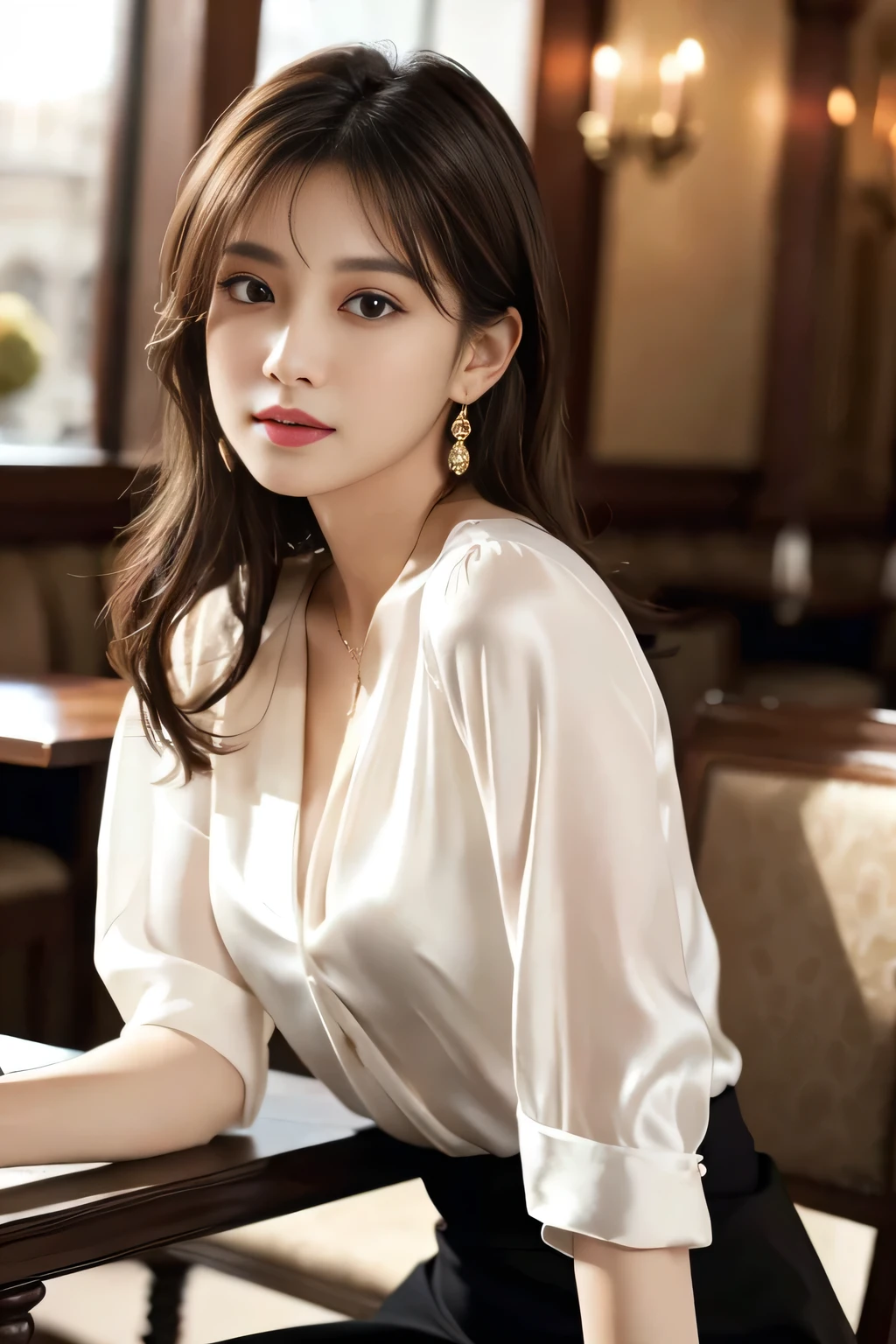 masterpiece, highest quality, Realistic, Very detailed, Finer details, High resolution, 8k wallpaper, One beautiful woman, Wear an elegant white see-through blouse, In a great restaurant, At night, Light brown shaggy haircut, Perfect dynamic composition, Beautiful and beautiful eyes、Big earrings、Sitting in a chair、