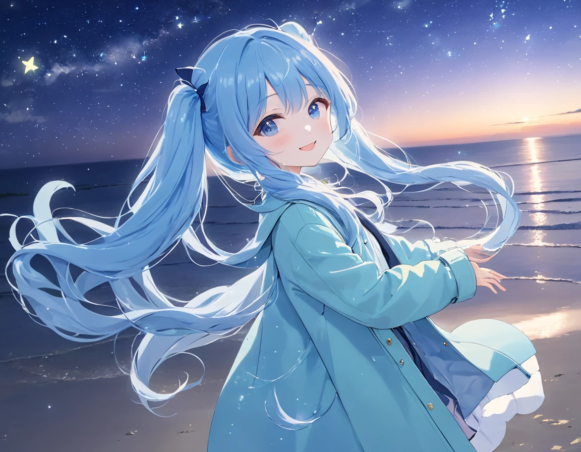  Light Blue Long Hair 、 a beautiful girl with a twin-tail hairstyle、smile、 closeup 、 I look up at the night sky、Night beach、The sky is shining brightly、Shooting stars and the Milky Way、 the Big Dipper shines 、Clear air、warm green long down coat、