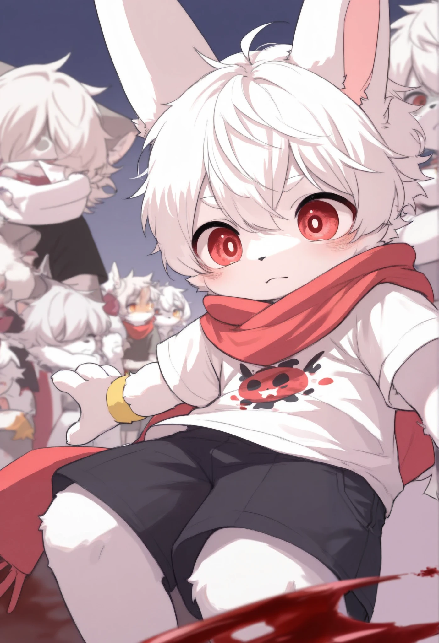 Bunny Boy，furry boy， toddlers， white hair，Red scarf， shorts，Short sleeve，Blood