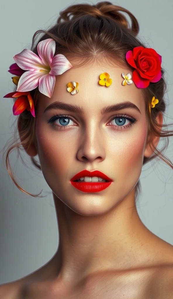 Create facial makeup with flowers, only flashy makeup