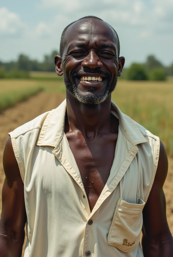 Black man in farmer hat on farm without shirt
