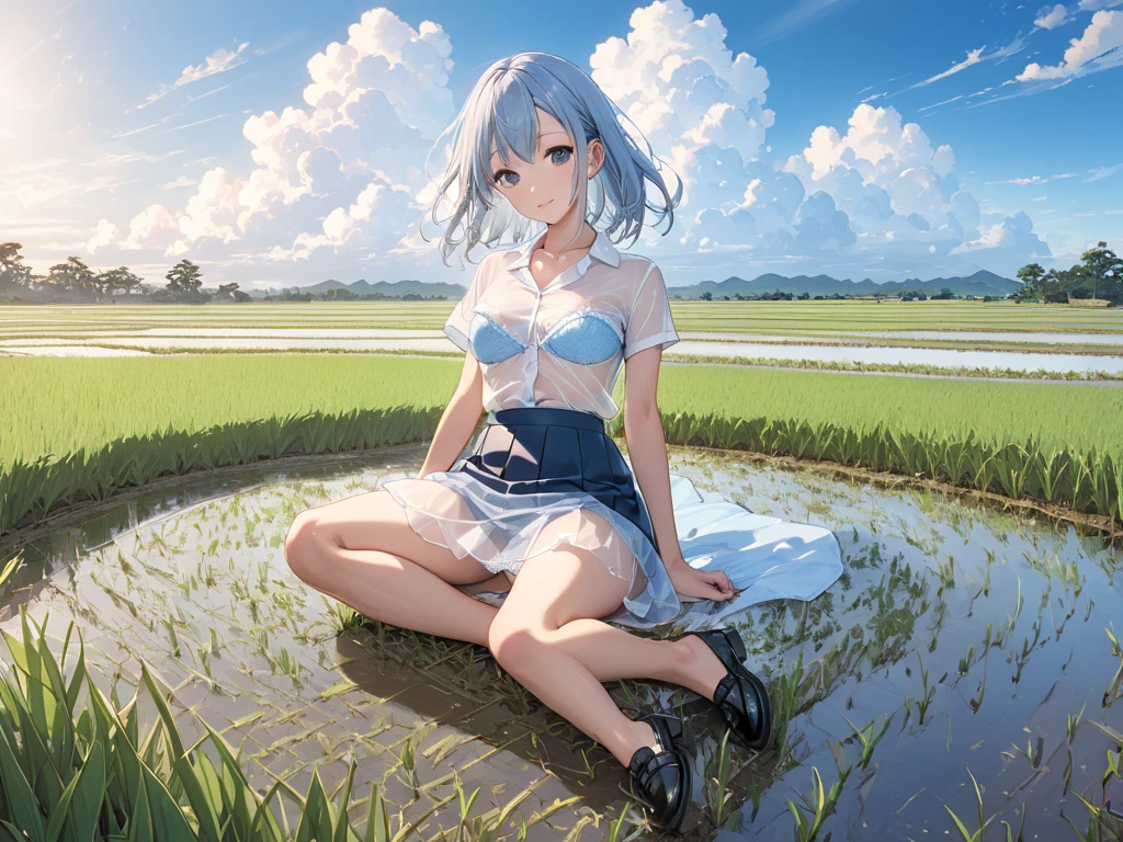 High school uniform showing the whole body  、 small boobs、Plain shirt with short sleeves 、See-through bra、The light blue miniskirt flips up、 panties visible 、 Raw feet and black leather shoes、 rice paddies spread to the horizon  、Clear sky and cumulonimbus clouds  