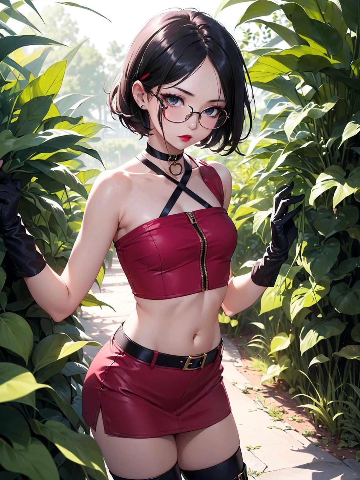 (1girl, solo, alone), (WakatsukiRisa, Sarada Uchiha, black hair, short hair, black eyes, red glasses), ((solo, (1woman, pink lipstick, ((small bust)), black eyes), Extremely detailed, ambient soft lighting, 4k, perfect eyes, a perfect face, perfect lighting, a 1girl)), ((detailed, (masterpiece:1.2), gloves, bow, navel, bare shoulders, closed mouth, standing, collarbone, outdoors, shorts, sleeveless, choker, black gloves, midriff, hand up, stomach, bare arms, short shorts, halterneck, black choker, elbow glove, velvet glove, red shorts, strapless dress, bush maze, bush wall, (half thigh, long stocking)),  high-heeled boots, high-heeled boots, thigh-high boots, thigh and beige skirt, high boots)