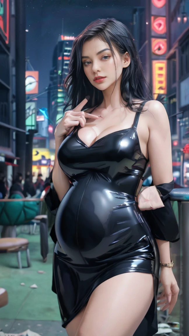 best quality, masterpiece, ultra high resolution, (fidelity: 1.4), original photo, pregnant, supermodel, catwalk, hard nipple, squeeze breast, Mature, fit latex dress, no bra, no panties, Cinema lighting, horny, put finger in vagina, night, city light, in mega politan city, skyscrappee background, open his leg