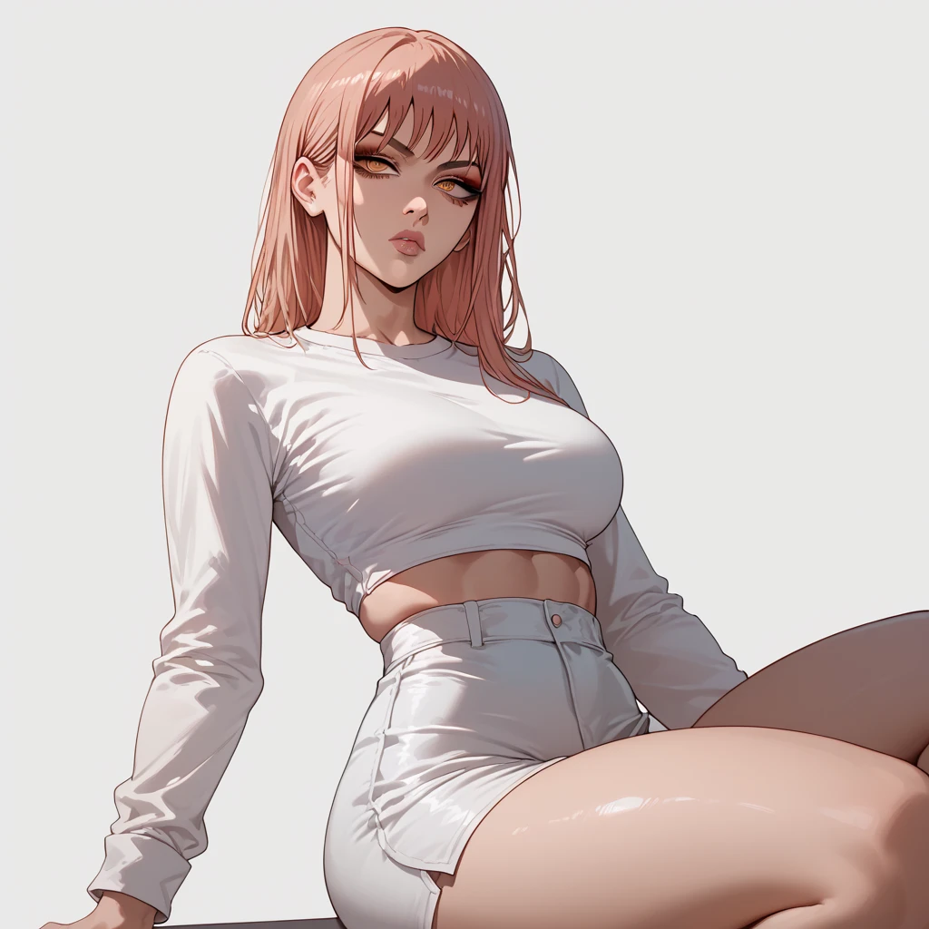 1 female, perfect face, gloss lips, perfect large breasts, makeup, thick thighs, serious, yoru_\(chainsaw_man\), modern clothes, simple background