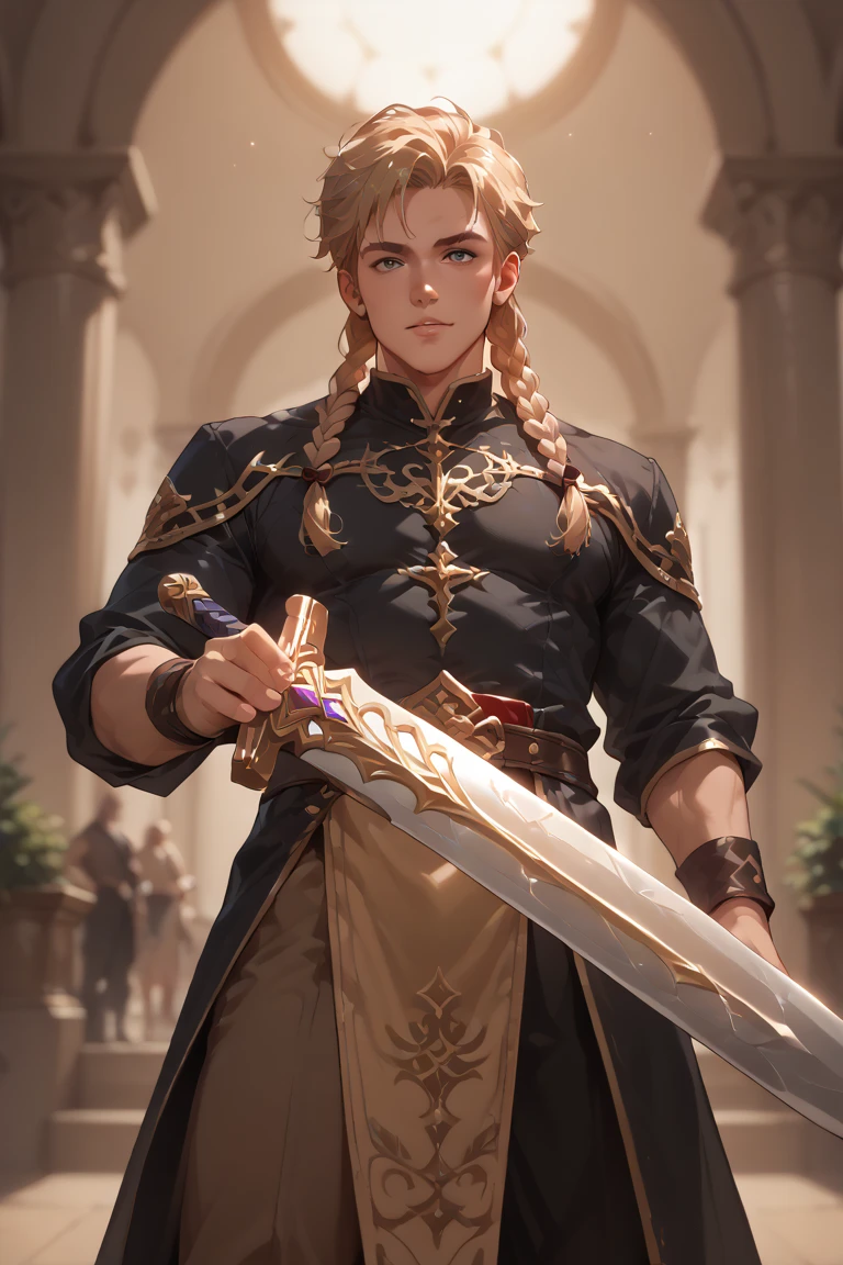 A 25-year-old blond haired boy with braids, with a big golden sword 