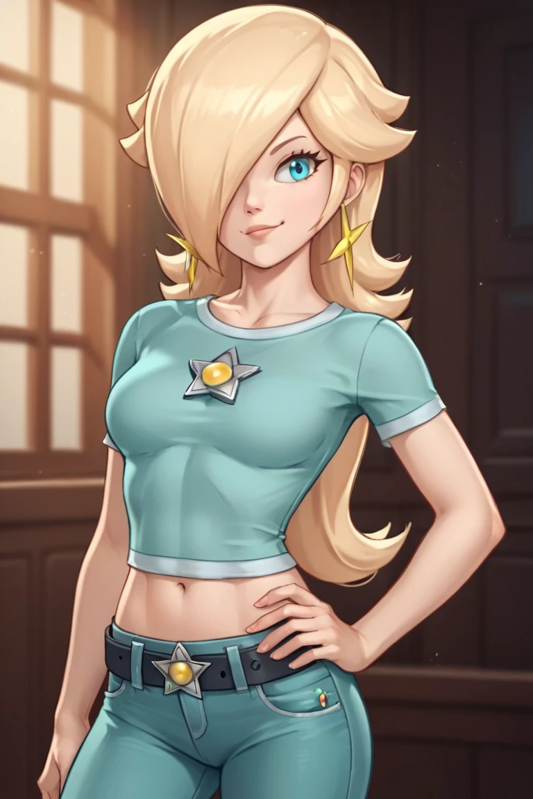 score_9, score_8_up, score_7_up, source_anime, rosalina, blonde hair, blue eyes, hair over one eye, long hair, star earrings, solo, cowboy shot, black t-shirt, taut clothes, tight shirt, midriff, navel, jeans, black belt, smirk, hand on hip