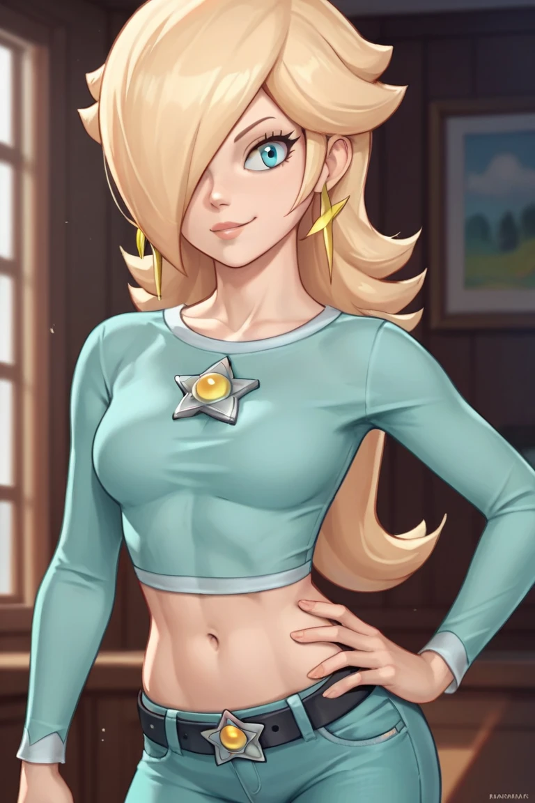 score_9, score_8_up, score_7_up, source_anime, rosalina, blonde hair, blue eyes, hair over one eye, long hair, star earrings, solo, cowboy shot, black t-shirt, taut clothes, tight shirt, midriff, navel, jeans, black belt, smirk, hand on hip