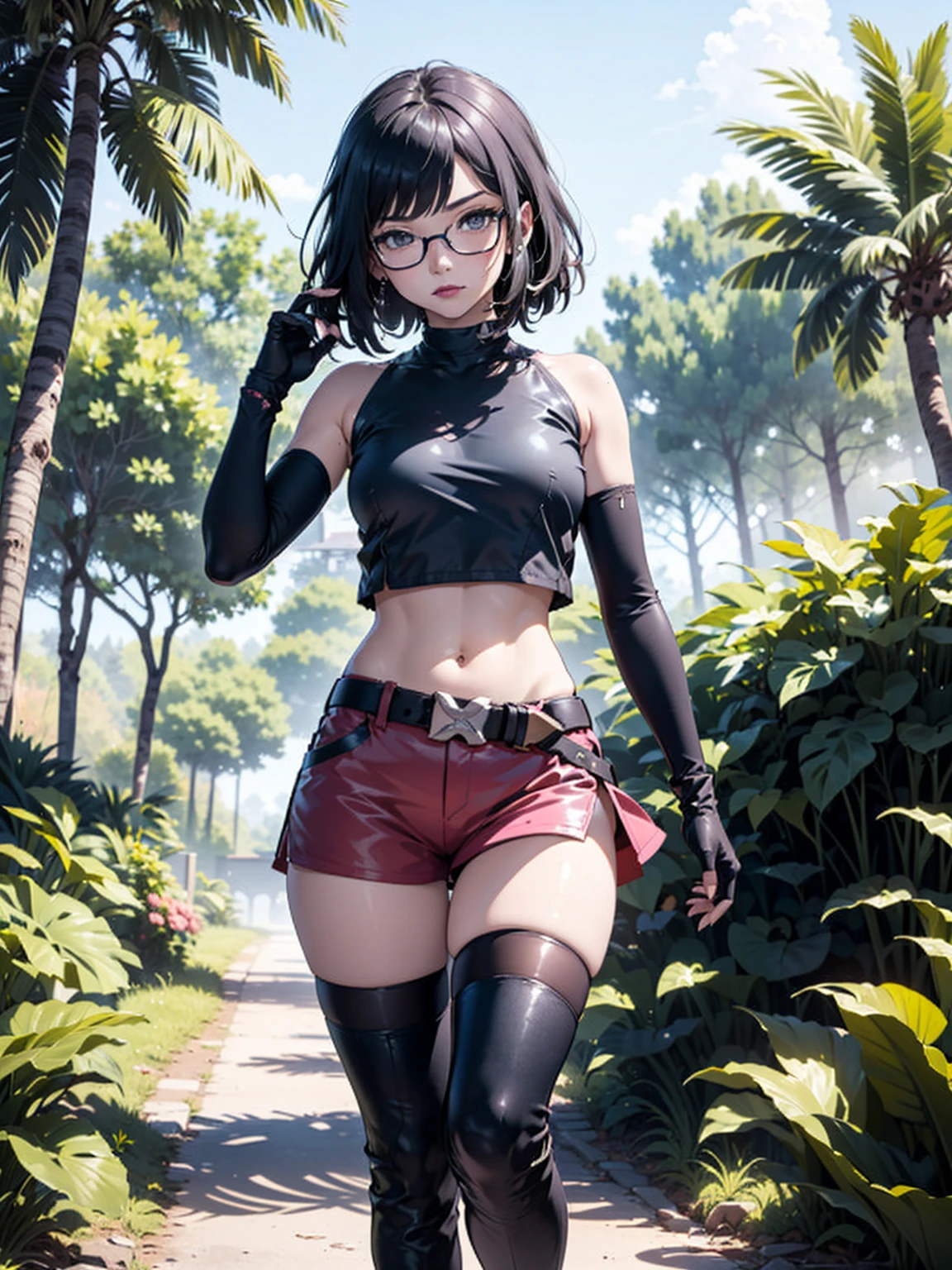 (1girl, solo, alone), (WakatsukiRisa, Sarada Uchiha, black hair, short hair, black eyes, red glasses), ((solo, (1woman, pink lipstick, ((small bust)), black eyes), Extremely detailed, ambient soft lighting, 4k, perfect eyes, a perfect face, perfect lighting, a 1girl)), ((detailed, (masterpiece:1.2), gloves, bow, navel, bare shoulders, closed mouth, standing, collarbone, outdoors, shorts, sleeveless, choker, black gloves, midriff, hand up, stomach, bare arms, short shorts, halterneck, black choker, elbow glove, velvet glove, red shorts, strapless dress, bush maze, bush wall, (half thigh, long stocking)),  high-heeled boots, high-heeled boots, thigh-high boots, thigh and beige skirt, high boots)