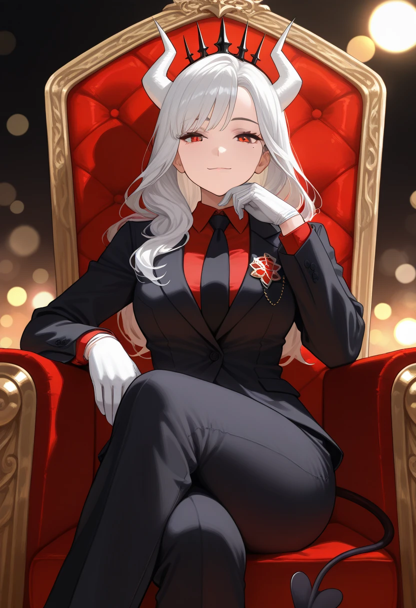 (masterpiece, best quality, high quality, highres, ultra-detailed), 1girl, luciferdef, mole under eye, long hair, crown, white horns, demon horns, mature and calm, light smile, closed mouth, expression formal, business suit, black jacket, badge, long sleeves, red shirt, black necktie, white gloves, black pants, demon tail, sit on throne, sit cross-legged, hand rest on chin, looking at viewer, simple bokeh background, beautiful lighting, bokeh
