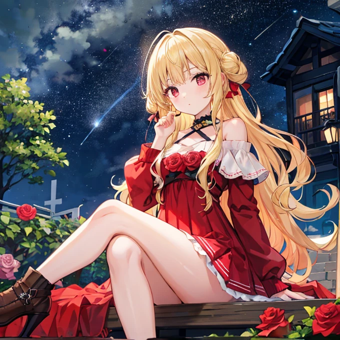 masterpiece, highest quality, Very detailed, 16k, Ultra-high resolution, Cowboy Shot, Nikon, Detailed face, Perfect Fingers, 22-year-old woman, smile, Big Breasts, blue eyes, Blonde, Very Long Hair, victorian dress, (Red dress:1.5), Moonlit Night, Royal Palace Garden, Evening Party