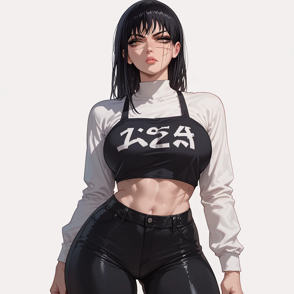 1 female, perfect face, gloss lips, perfect large breasts, makeup, thick thighs, serious, yoru_\(chainsaw_man\), modern clothes, simple background, black hair, scars