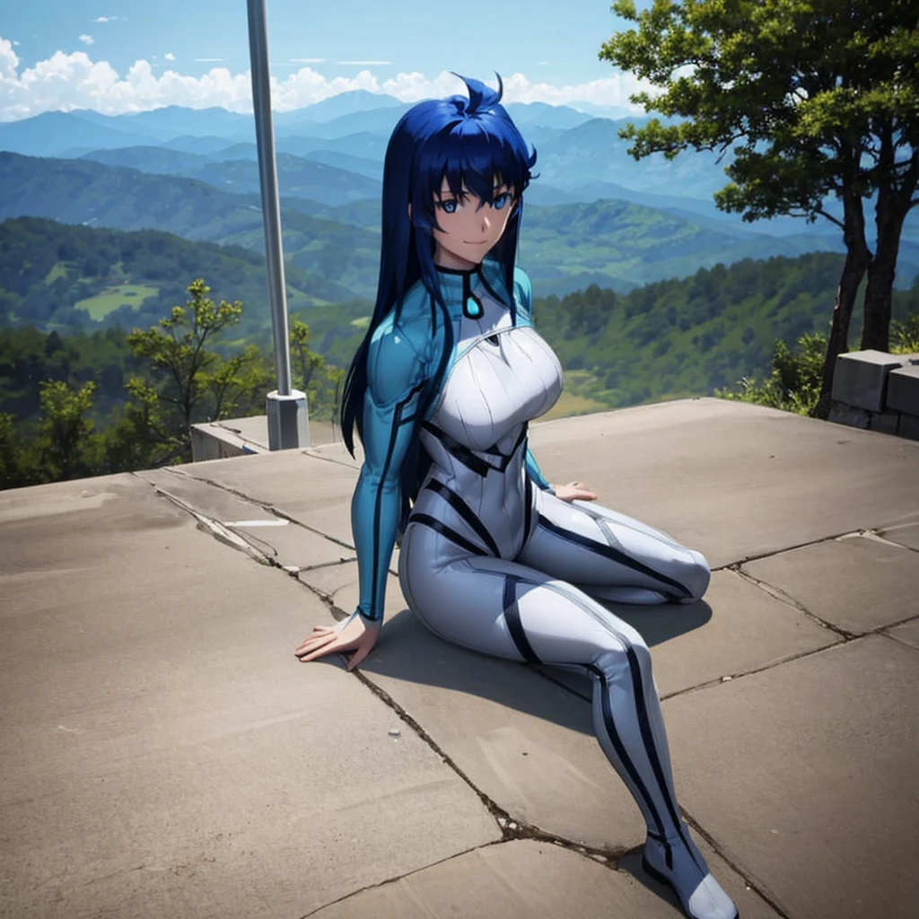 Aero（Marvel）, One Girl ,Ufotable,solo, long hair, blue eyes, Big Breasts , black hair, blue hair,white bodysuit,building,rooftop, sitting,one knee raise ,Showing off legs,smile, stares at viewers in the falling forest, from the side