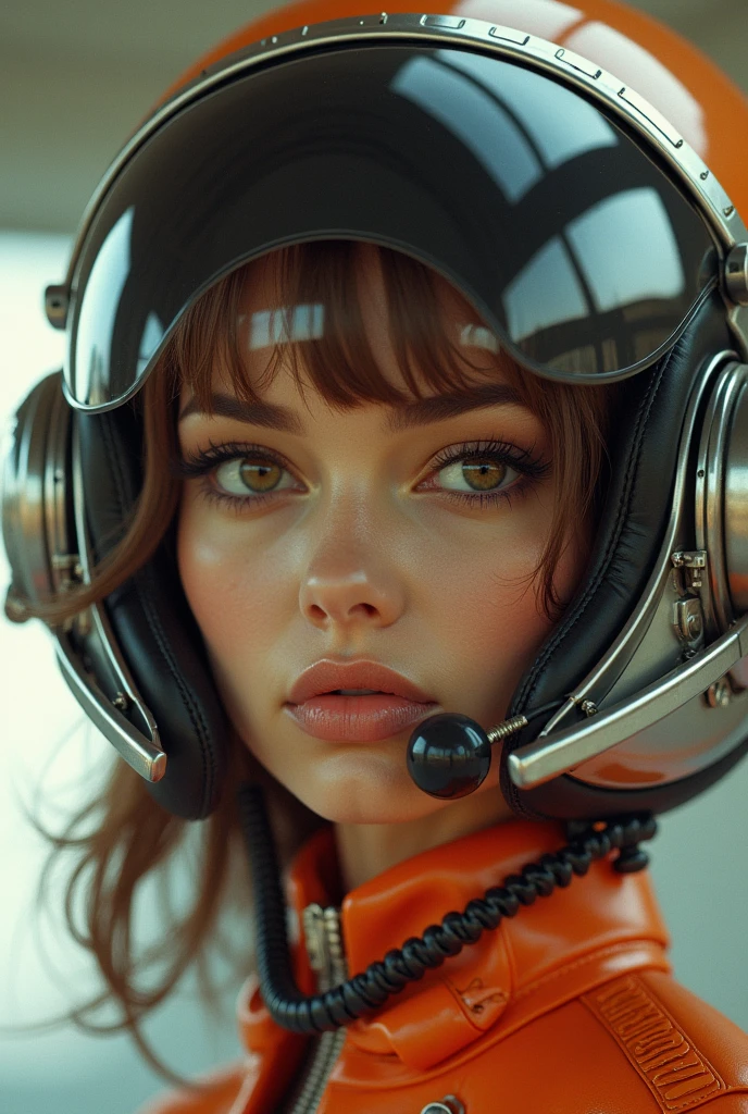 arafed woman in a helmet and orange jacket sitting in a cockpit, cinematic goddess body shot, wayne barlow, flying souls, 70's jetfighter pilot girl, luis ricardo falero, video compression, goddamn! plus, 5 0 0 px models, 6 0's, starwars, thunderbird 2, still from anime, cougar