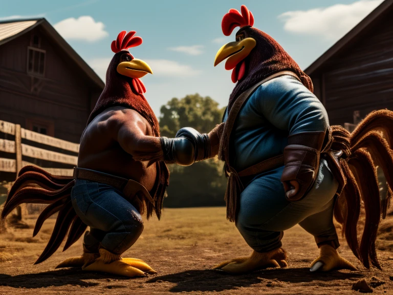 a muscular but obese white feathered anthro rooster in muddied denim farmer's jeans , a red feathered anthro rooster in muddied denim farmer's jeans, undone suspenders hanging from the pants, rivals, both wearing boxing gloves, barnyard setting, dirty open yard in front of the barn, outdoors, high noon, showdown, foghorn leghorn, rhode island red, facing off against each other, fierce glares(best quality,4k,8k,highres,masterpiece:1.2),ultra-detailed,(cartoonish),hyper detailed,cinematic lighting,dramatic shadows,vibrant colors,