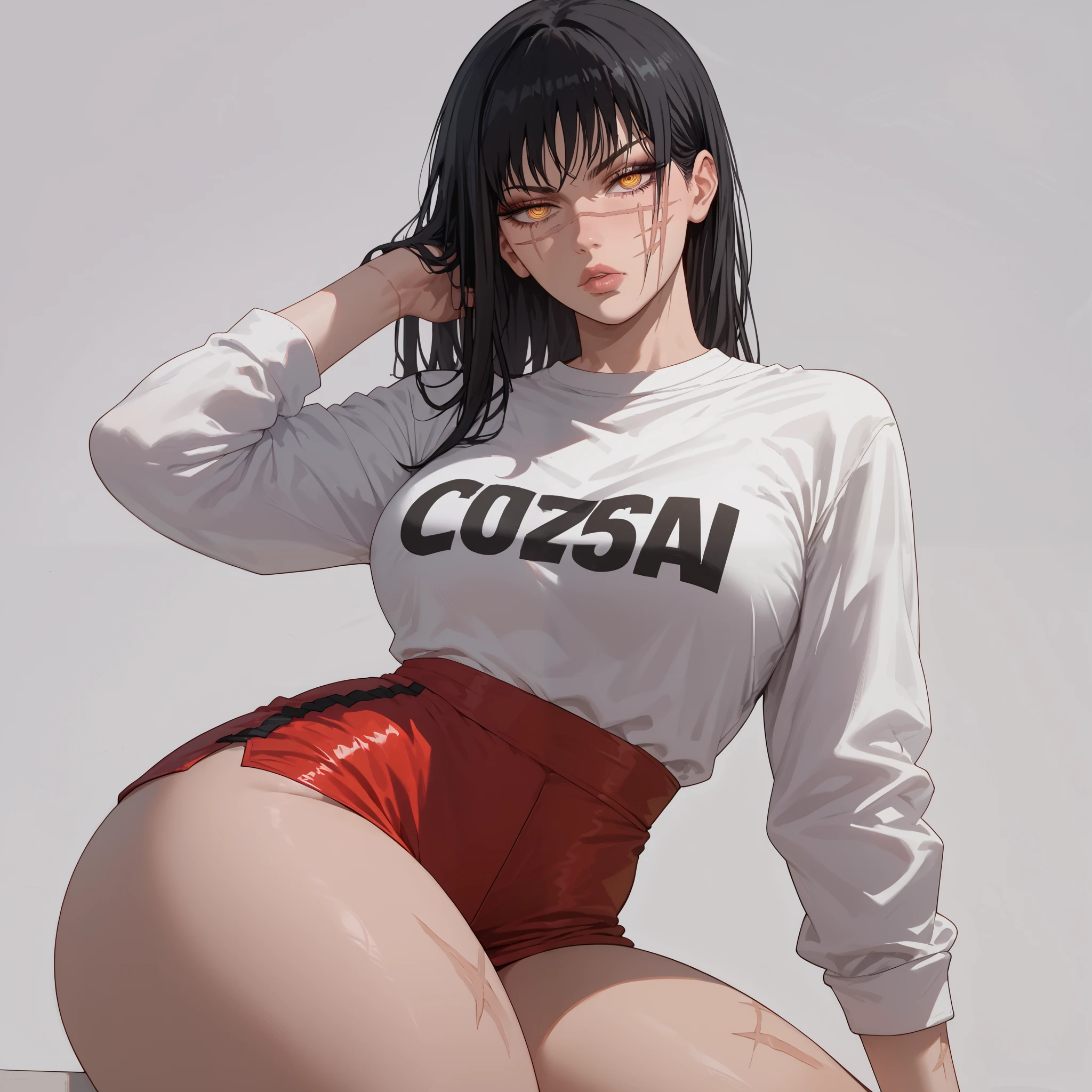 1 female, perfect face, gloss lips, perfect large breasts, makeup, thick thighs, serious, yoru_\(chainsaw_man\), modern clothes, simple background, black hair, scars, yellow eyes