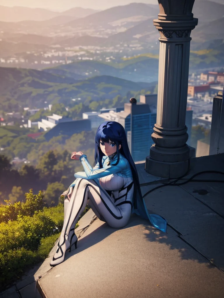 Aero（Marvel）, One Girl ,Ufotable,solo, long hair, blue eyes, Big Breasts , black hair, blue hair,white bodysuit,building,rooftop, sitting,one knee raise ,Showing off legs,smile, stares at viewers in the falling forest, from the side, look down,Subjective