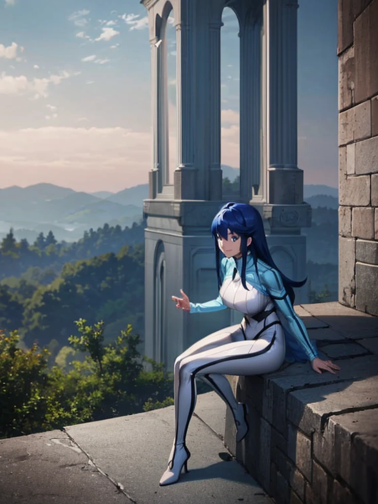 Aero（Marvel）, One Girl ,Ufotable,solo, long hair, blue eyes, Big Breasts , black hair, blue hair,white bodysuit,building,rooftop, sitting,one knee raise ,Showing off legs,smile, stares at viewers in the falling forest, from the side, look down,Subjective