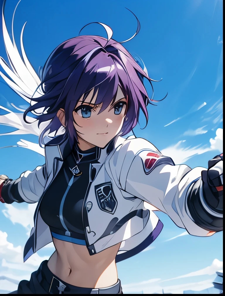 (((SFW、Precision、Highest quality、A first-class masterpiece、Normal body、8k、 Detailed Face 、Ultra-precision、 Normal hand、5refer to、Highest)))、"Magical Girl Lyrical Nanoh"、Subaru-Nakajima 、Navy Hair、 Shorthair、Age 15、Big Breasts、 Magical Girl 、Nipple See-through See-through Navel Ultrathin Sports Shirt、White jacket、 white and black shorts 、 white ribbon Hachimaki、 Rollerblading 、Revolver Knuckles 、 full of energy、Boar raging 、Mid-waist square fist punch