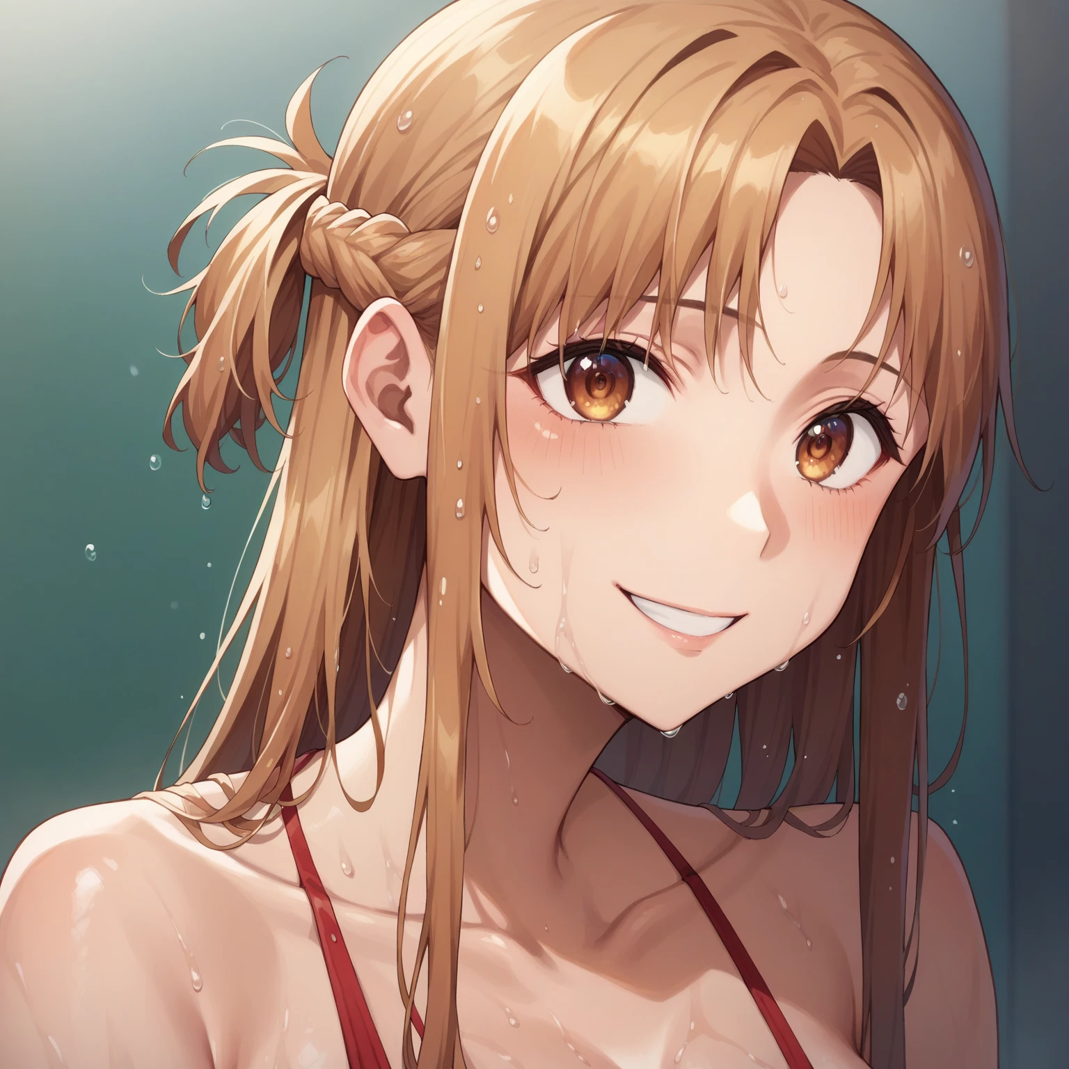  asuna yuuki  , Peo Naranjo , hazel eyes shy smile ,  big breasts,  , red bikini background a lonely beach. A Single Woman Lonely Woman . loose hair . wet body .