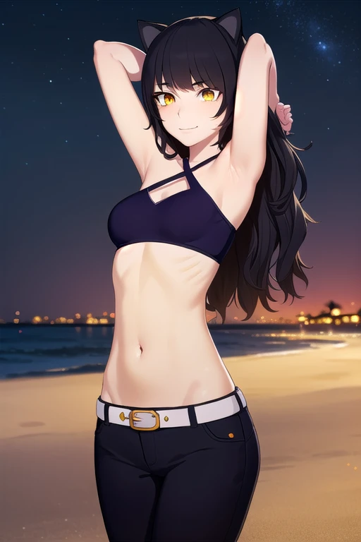 Blake (Blake), Blake (Blake), Blake (Blake) Belladonna,   long hair ,  black hair, ( yellow eyes :1.5),   long hair , fringe,  animal ears ,  cat ears,
to break navel, diaphragm, belt, halterneck, criss-cross halter, bare shoulders, bare arms, pants, black pants,
Bikini, (cowboy shot:1.5), night sky, beach,  masterpiece ,  arms behind the head,  opposed,  shy smile , scattered armpits ,  shy smile ,  looking at the spectator ,
to break ( masterpiece :1.2),  best quality,  high resolution,  unit 8k wallpaper , ( illustration:0.8), ( detailed and beautiful eyes:1.6),  extremely detailed face, perfect lighting,  CG , (perfect hands,  perfect anatomy ),