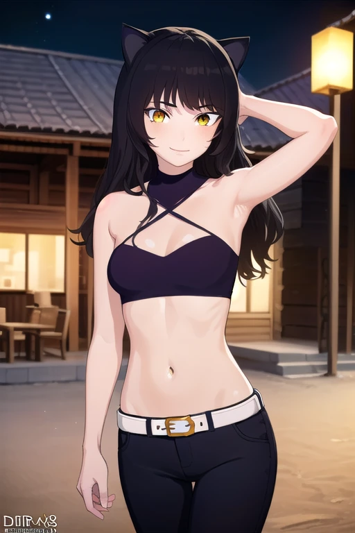 Blake (Blake), Blake (Blake), Blake (Blake) Belladonna,   long hair ,  black hair, ( yellow eyes :1.5),   long hair , fringe,  animal ears ,  cat ears,
to break navel, diaphragm, belt, halterneck, criss-cross halter, bare shoulders, bare arms, pants, black pants,
Bikini, (cowboy shot:1.5), night sky, beach,  masterpiece ,  arms behind the head,  opposed,  shy smile , scattered armpits ,  shy smile ,  looking at the spectator ,
to break ( masterpiece :1.2),  best quality,  high resolution,  unit 8k wallpaper , ( illustration:0.8), ( detailed and beautiful eyes:1.6),  extremely detailed face, perfect lighting,  CG , (perfect hands,  perfect anatomy ),