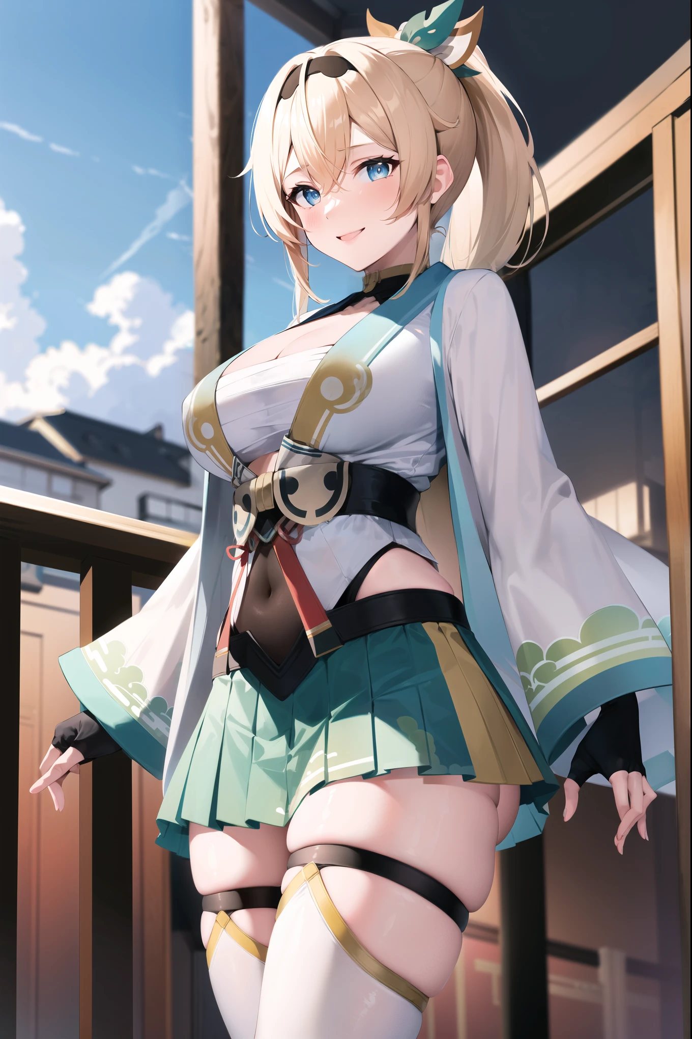 masterpiece, best quality, highres, 1girl, kazama iroha, blonde hair, fingerless gloves, gloves, sarashi, thighhighs, japanese clothes, white thighhighs, skirt, haori, black gloves, hairband, bangs, sheathed, pleated skirt, ponytail, chest sarashi, breasts, sheath, blue eyes, hair between eyes, black hairband, hair ornament, leaf hair ornament, long sleeves, covered navel, miniskirt, large breasts, cowboy shot, smile, outdoors,
