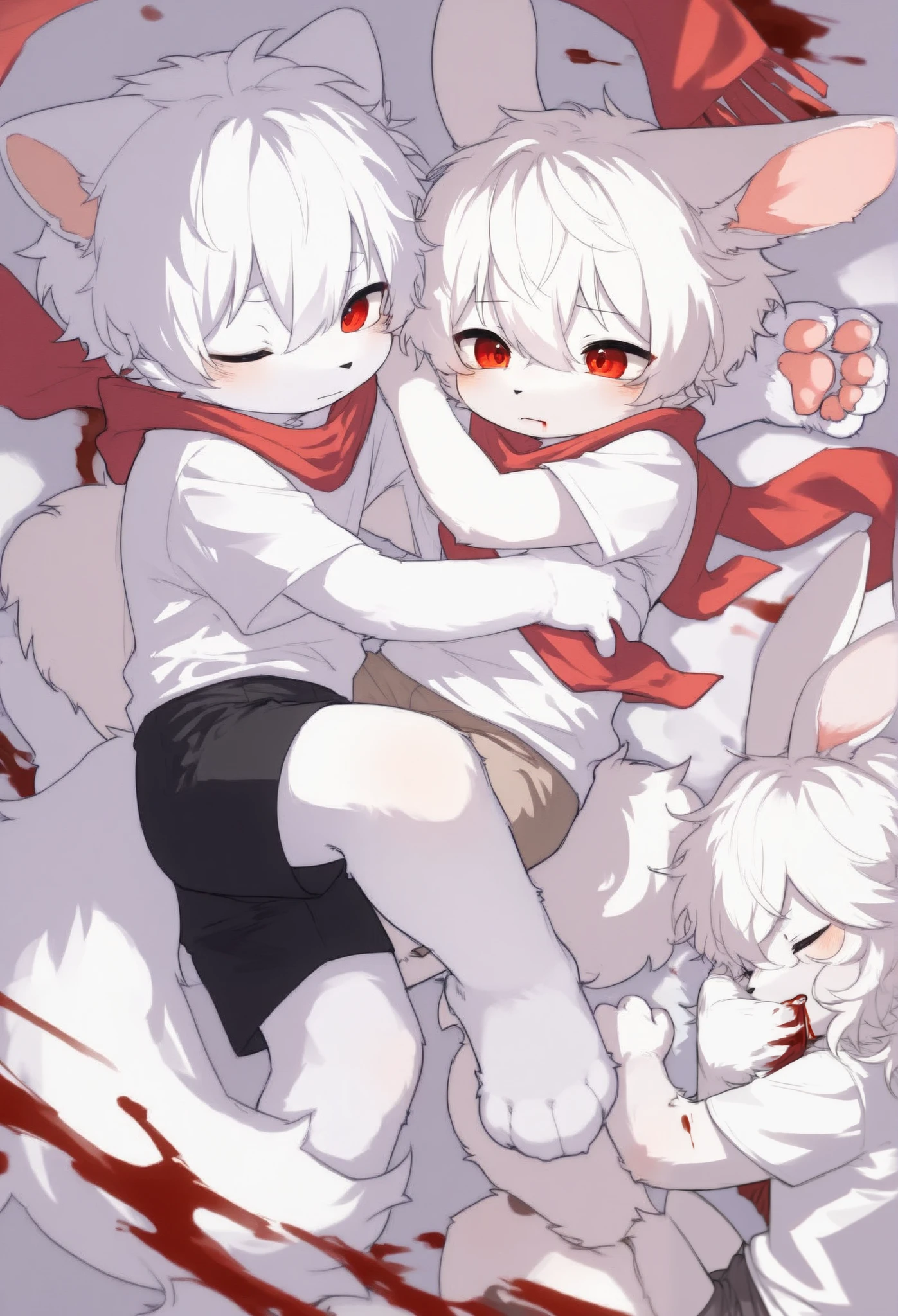 Bunny Boy，furry boy， toddlers， white hair，Red scarf， shorts，Short sleeve，Blood