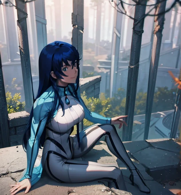 Aero（Marvel）, One Girl ,Ufotable,solo, long hair, blue eyes, Big Breasts , black hair, blue hair,white bodysuit,building,rooftop, sitting,one knee raise ,Showing off legs,smile, stares at viewers in the falling forest, from the side, look down,Subjective, Proximity Method