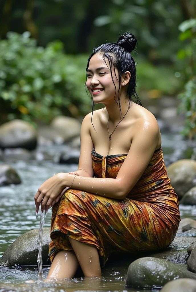 a beautiful Indonesian woman, hair in a bun, wearing a batik sarong, hair are wet, water droplets on her skin, sitting and bathing on the rock, being doused with water coming out of a bamboo pipe, a rural river as a background detail, look at the viewer, natural light, realistic photography, wide angle shot,