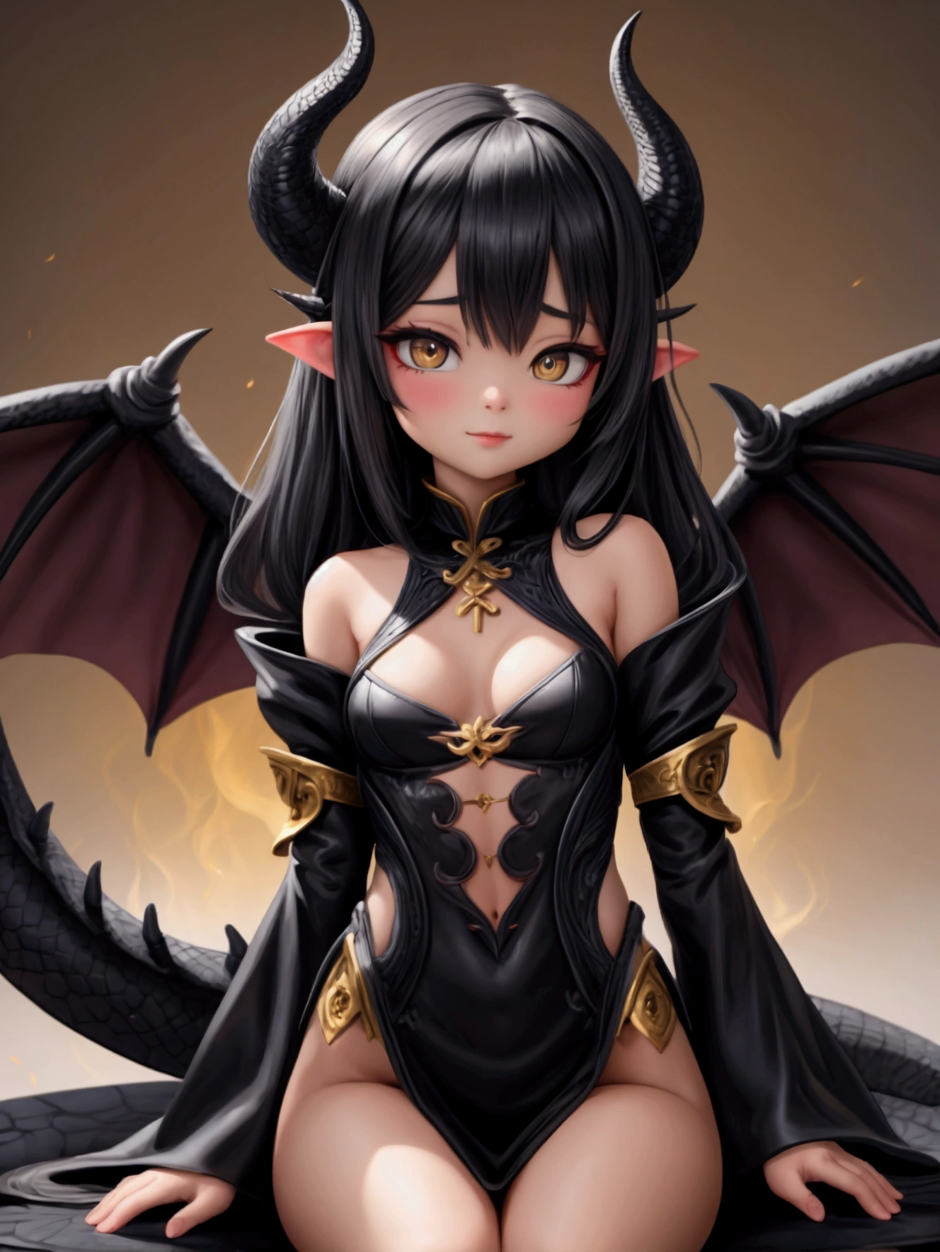 She is a black demon beastkin.、Yellow eyes、Big eyes、Beautiful skins、Hairless pubic area、Mega Mini、tchibi、cute smile face、sexypose