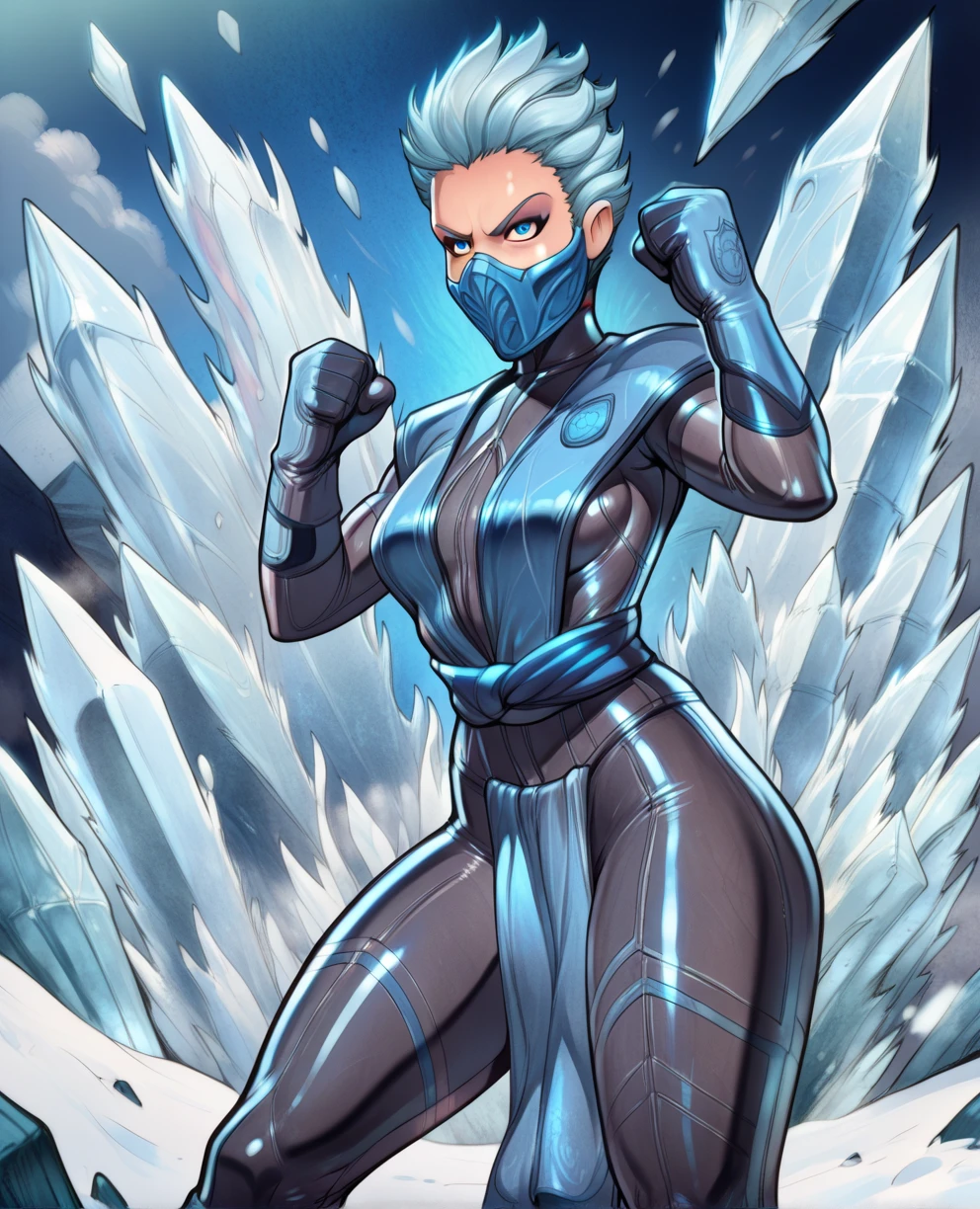 score_9,score_8_up,score_7_up,score_6_up,
frostxl,blue eyes,short hair,mouth mask,fighting stance,clenched hands,
black bodysuit,blue short pelvic curtain,gloves,
standing,serious,
winter,ice,reiq art style