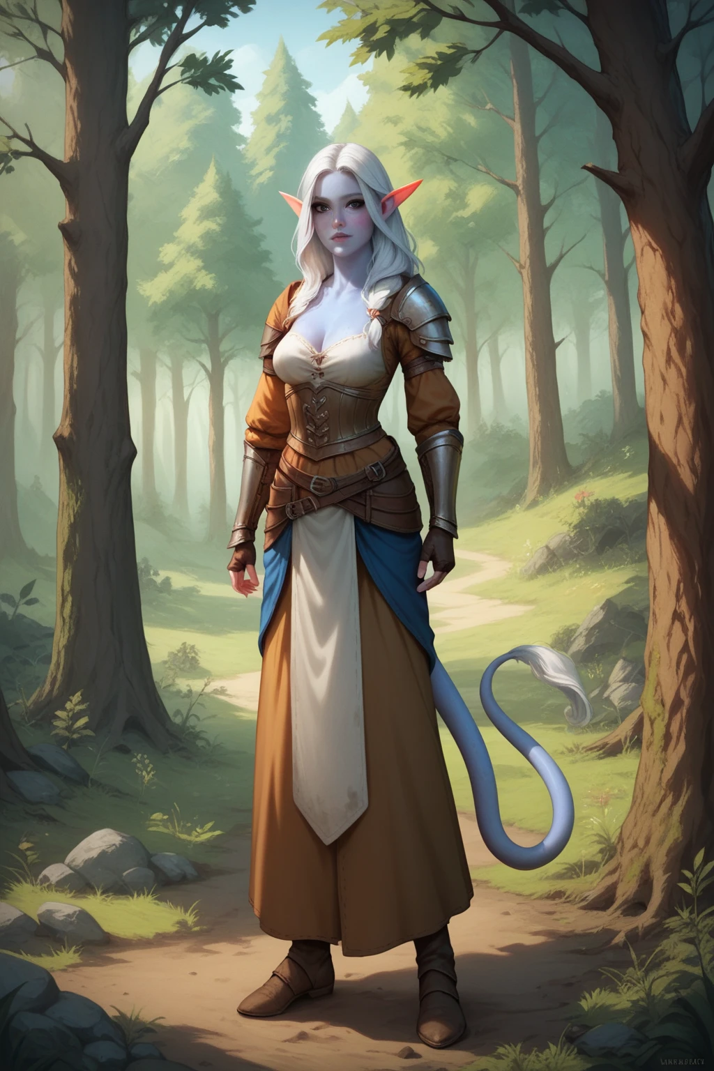 Tifling girl with azure blue skin , sharp, like an elf , ears,  tail. Medieval armor.  Expressive black eyes complement its bright appearance. Her long white hair is loose and disheveled.  stands in the forest in a clearing.  She is dressed as a poor farmer from the fantasy world .  full length. forest in the background, medieval settlement . leaned towards a stream covered with muddy