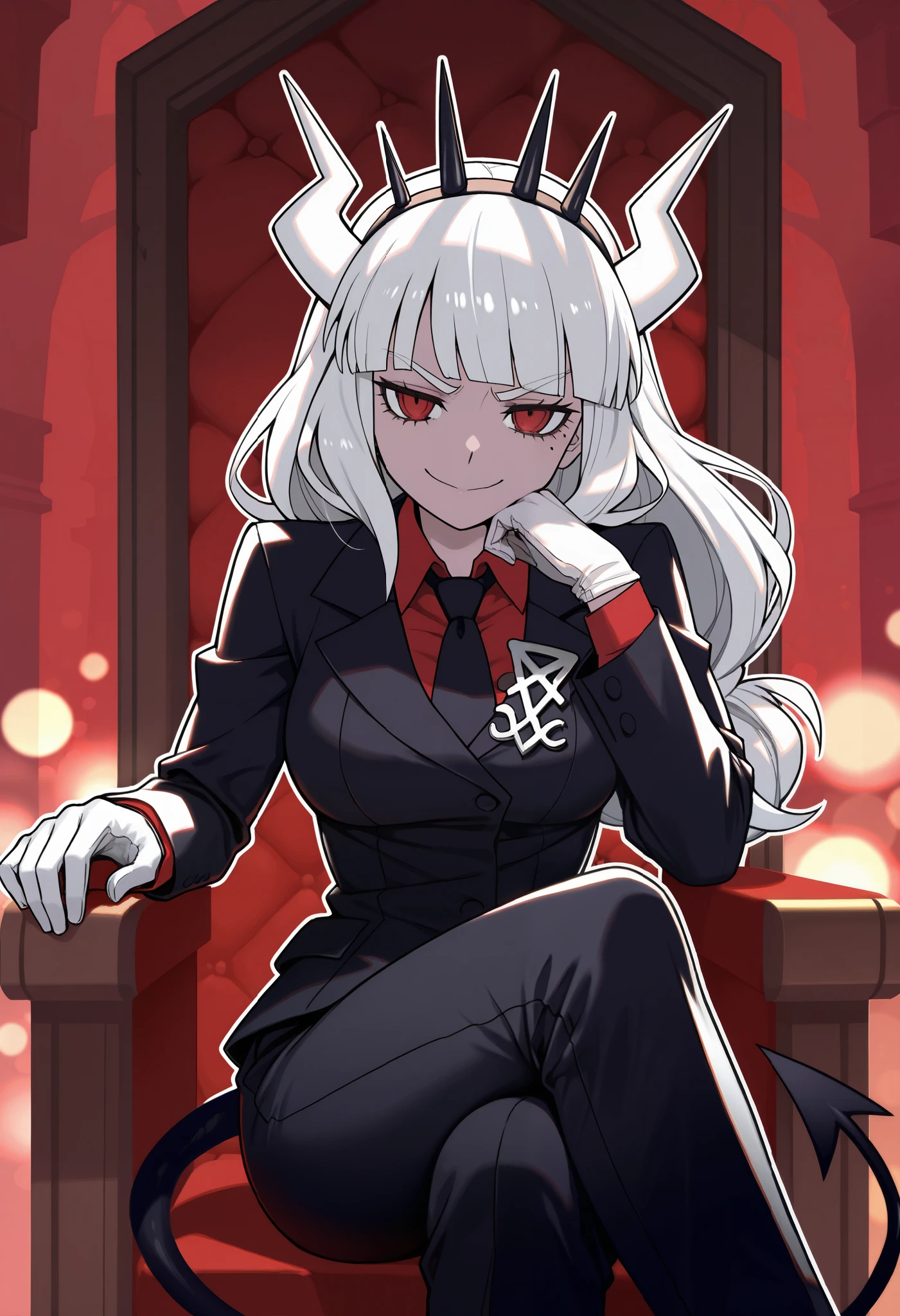 (masterpiece, best quality, high quality, highres, ultra-detailed), 1girl, lucifer (Helltaker), mole under eye, long hair, red eyes, blunt bangs, crown, white horns, demon horns, mature and calm, evil smile, closed mouth, expression formal, business suit, black jacket, badge, long sleeves, red shirt, black necktie, white gloves, black pants, demon tail, sit on throne, sit cross-legged, hand rest on chin, looking at viewer, simple bokeh background, beautiful lighting, bokeh, white outline skin
