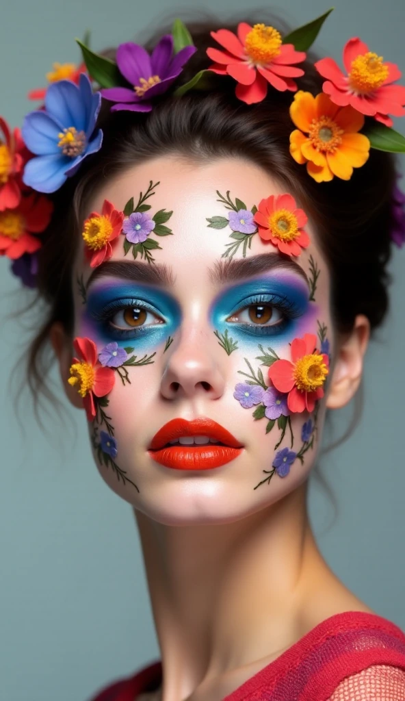 Create facial makeup with flowers, only flashy makeup