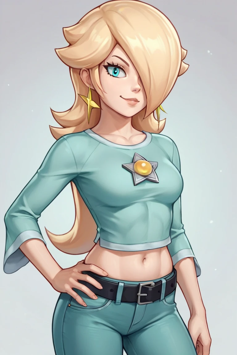 score_9, score_8_up, score_7_up, source_anime, rosalina, blonde hair, blue eyes, hair over one eye, long hair, star earrings, solo, cowboy shot, black t-shirt, taut clothes, tight shirt, midriff, navel, jeans, black belt, smirk, hand on hip