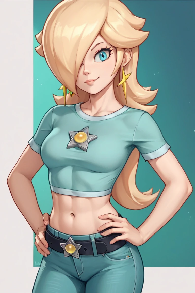 score_9, score_8_up, score_7_up, source_anime, rosalina, blonde hair, blue eyes, hair over one eye, long hair, star earrings, solo, cowboy shot, black t-shirt, taut clothes, tight shirt, midriff, navel, jeans, black belt, smirk, hand on hip