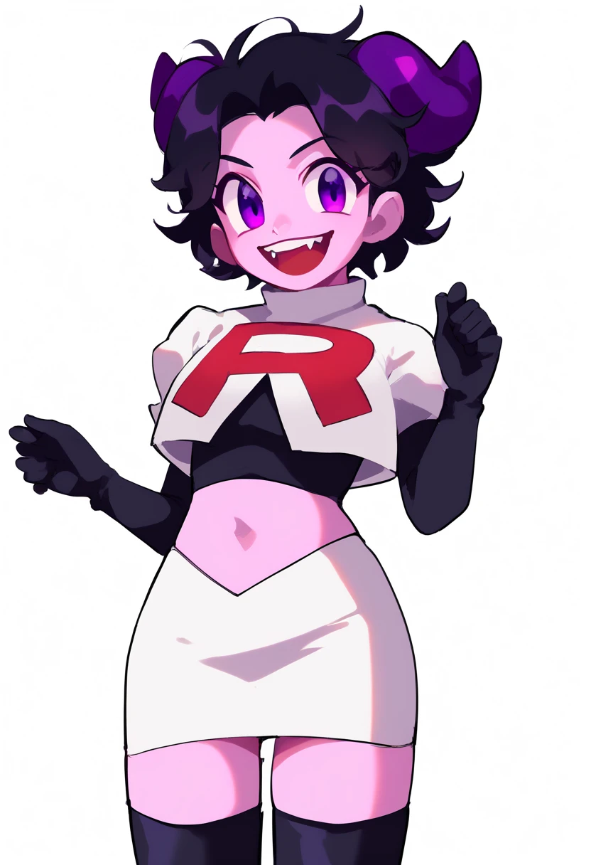 jellybean_yt, solo, looking at viewer, smile, short hair, open mouth, black hair, 1girl, white background, purple eyes, female focus, horns, teeth, colored skin, fangs, team rocket,team rocket uniform,white skirt,red letter R,crop top,black thigh-highs,black elbow gloves, source