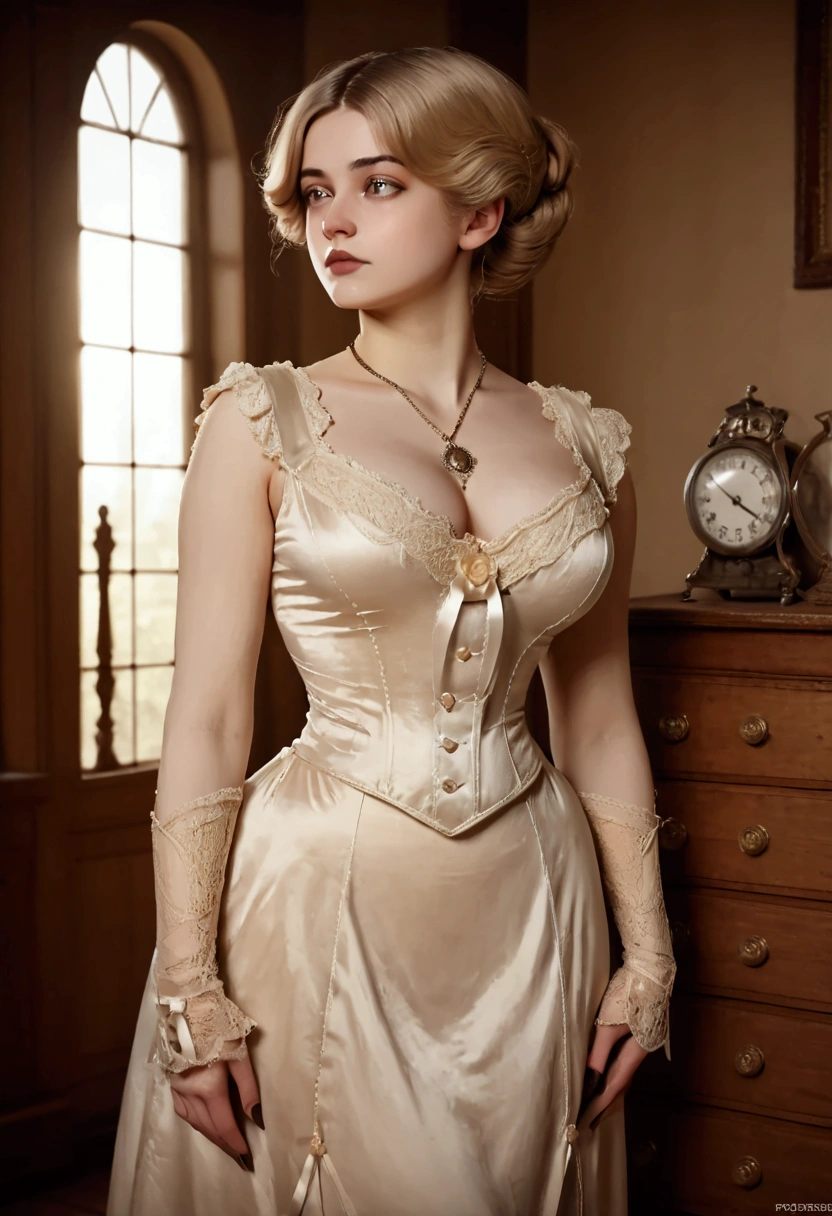 a beautiful voluptuous  blonde gibson girl in edwardian lingerie, 1903, 1900s dress, corset, bare arms, high waisted drawers, silk stockings, boots, detailed face, realistic, photorealistic, 8k, high resolution, hyper detailed, masterpiece, dramatic lighting, cinematic, romantic, soft focused, warm color palette