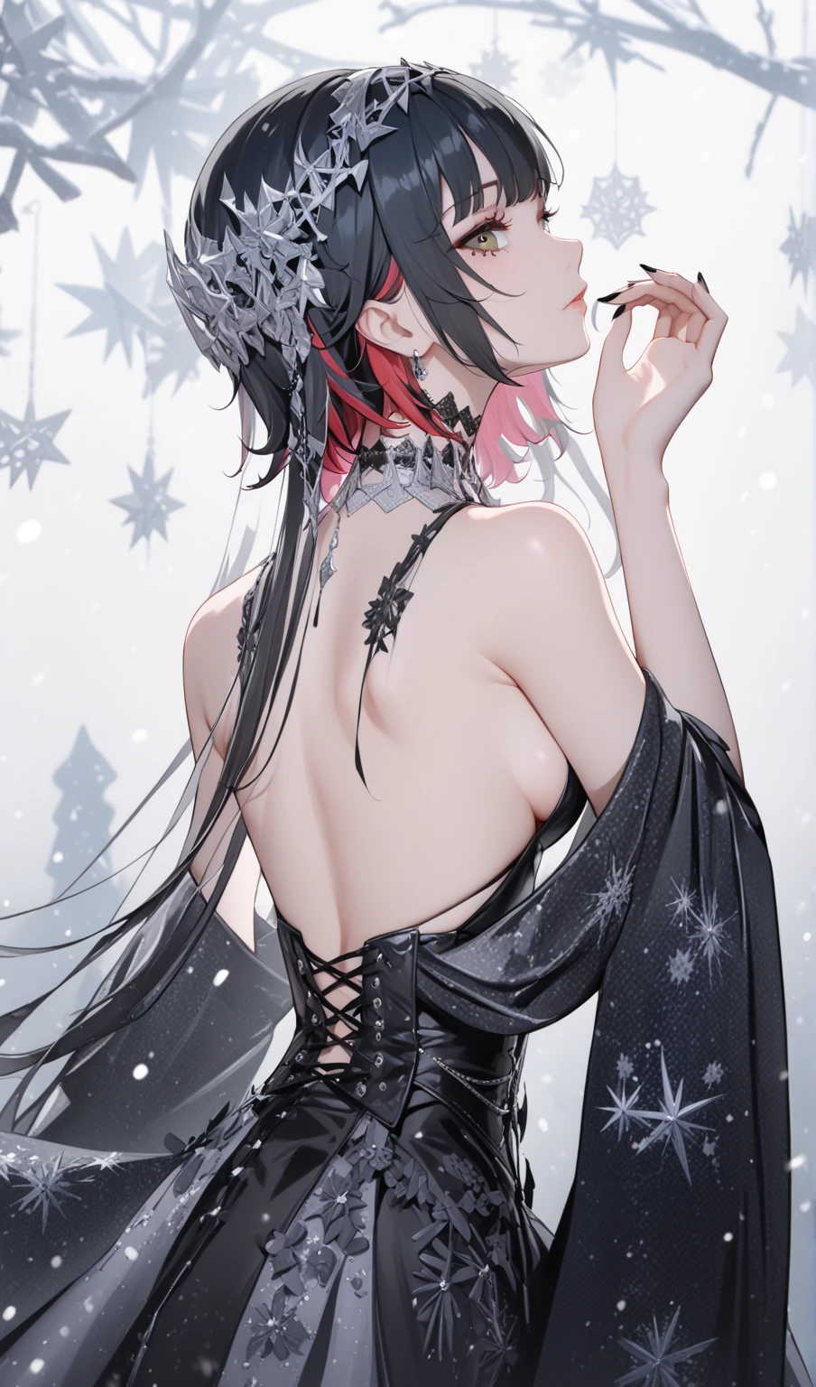 score_9, score_8_up, score_9_up, 1girl, source_anime, close up photo,  beautiful face, ellenjoe, night, passionless,  closed mouth, ellen joe, black hair, moonlight, party, night. winter,  party, sideboobs, fantasy party, fantasy night dress, night party, snow, sexy body, very small breasts,  colored inner hair, multicolored hair, grey eyes, total black outfit, dark place, dancing alone, sadistic eyes, red hair,  shoes pumps black, short hair,  two-tone hair, shoulders covered, shoulders covered by the dress, not loooking at the viewer, winter long dress, dance long dress, gothic dress, winter dress, cozy dress, ghotic lolita dress, sideboobs, ghotic dress, lace black dress, winter dress, cozy dress, covered shoulders, black dance dress, ghotic skirt, silver corset, dress for dancing, winter sleeves, glitter in the corset, shoulders covered by sleeves, long sleeves, long shirt, black corset with silver decorations, gala elegant dress, winter dress, elegant dress, long skirt dress, night, arms behind her back, lace collar, sexy body,  small breasts, two-tone hair,  beautiful eyes, beautiful legs, sexy legs, solo, fantasy world, night, beautiful eyes