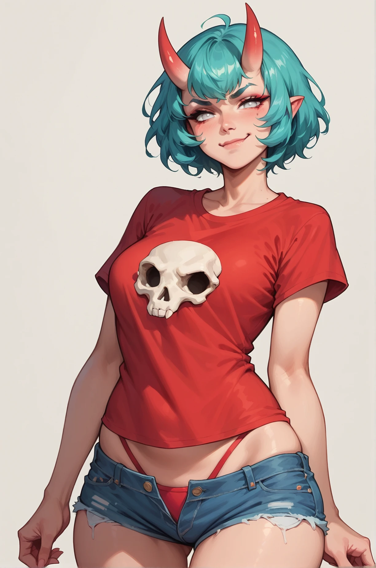 score_9, score_8_up, score_7_up, a Oni girl, cute face, white eyes, closed mouth, smirk, looking at viewer, turquoise hair, short hair, denim shorts, thong strings, red crop t-shirt, t-shirt skull, medium breast, thighs, standing, simple background