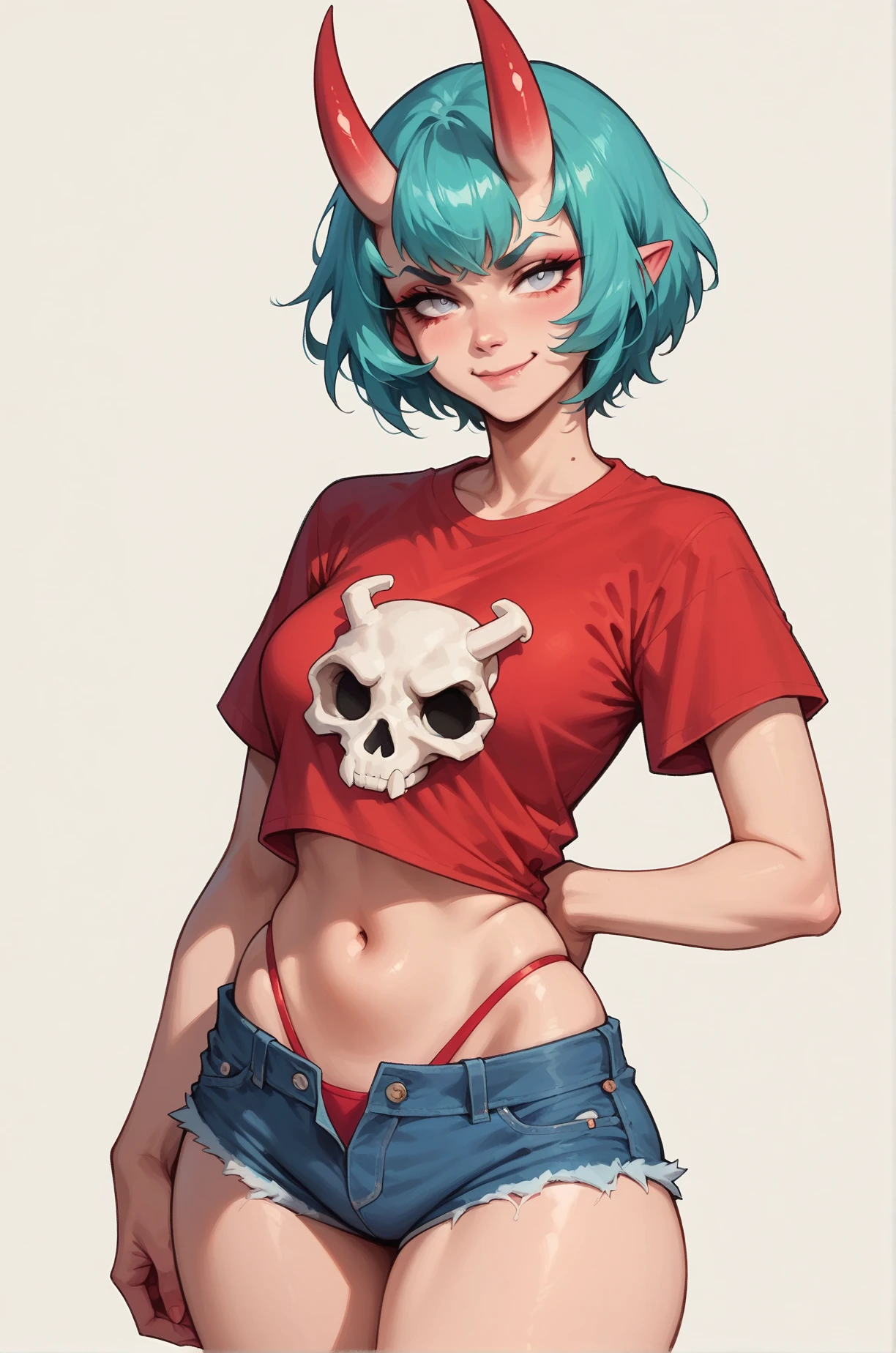 score_9, score_8_up, score_7_up, a Oni girl, cute face, white eyes, closed mouth, smirk, looking at viewer, turquoise hair, short hair, denim shorts, thong strings, red crop t-shirt, t-shirt skull, medium breast, thighs, standing, simple background