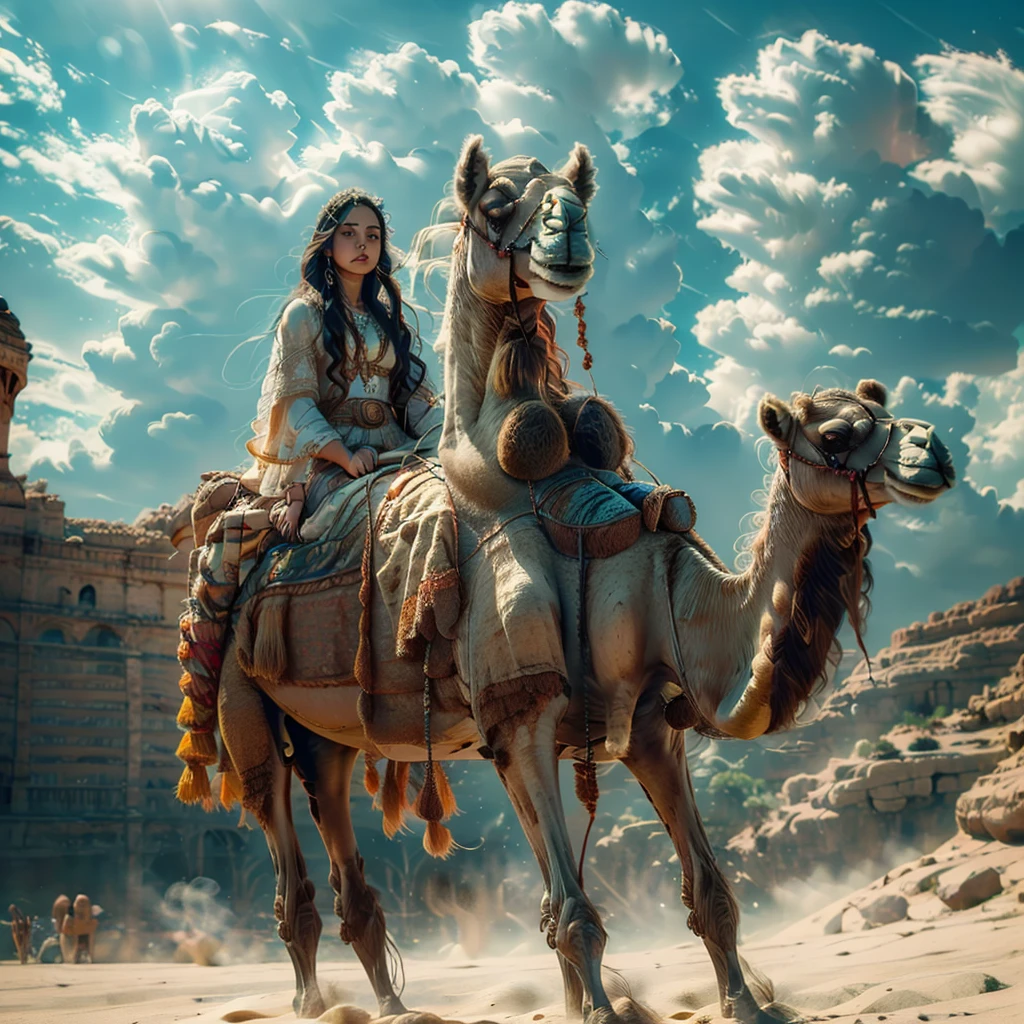 A girl riding a camel in the desert, detailed face and eyes, beautiful wavy black hair, wearing Arabic clothing with jewelry, outdoors under a cloudy sky, (best quality,4k,8k,highres,masterpiece:1.2),ultra-detailed,(realistic,photorealistic,photo-realistic:1.37),desert,1girl,solo,long hair,outdoors,black wavy hair,veil,arabic clothes,jewelry,sky,day,cloud